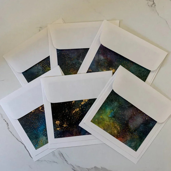 OOAK Handmade Abstract Watercolor Card Set - 6 Blank Note Cards 24K gold leaf - Picture 6 of 12
